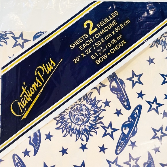 Vintage Celestial Wrapping Paper Moon Sun Planet Saturn Star Sky Creme Blue Bow - Picture 4 of 9